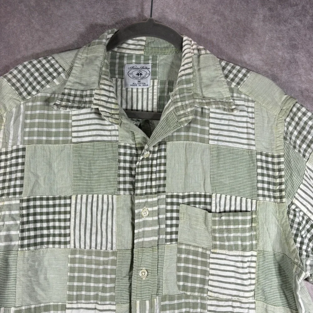 Brooks Brothers Sport Shirt Mens M Green Patchwork Button Up Short Sleeve Cotton